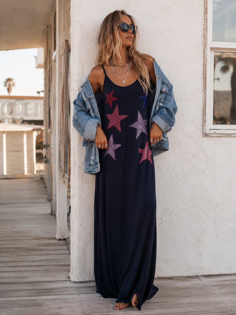 Lauren Moshi Berna Crystal Multi Stars Maxi Dress Navy Supima Cotton Nwot S